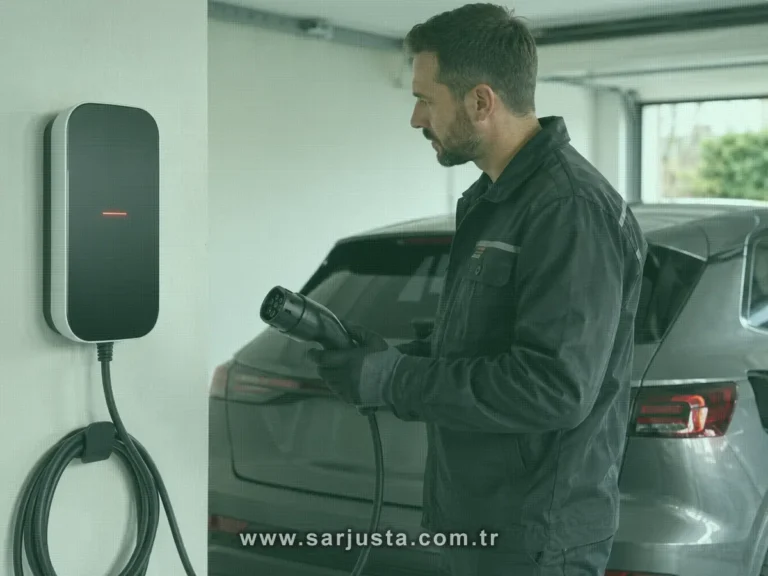 Kırmızı uyarı ışığı yanan elektrikli araç wallbox cihazı