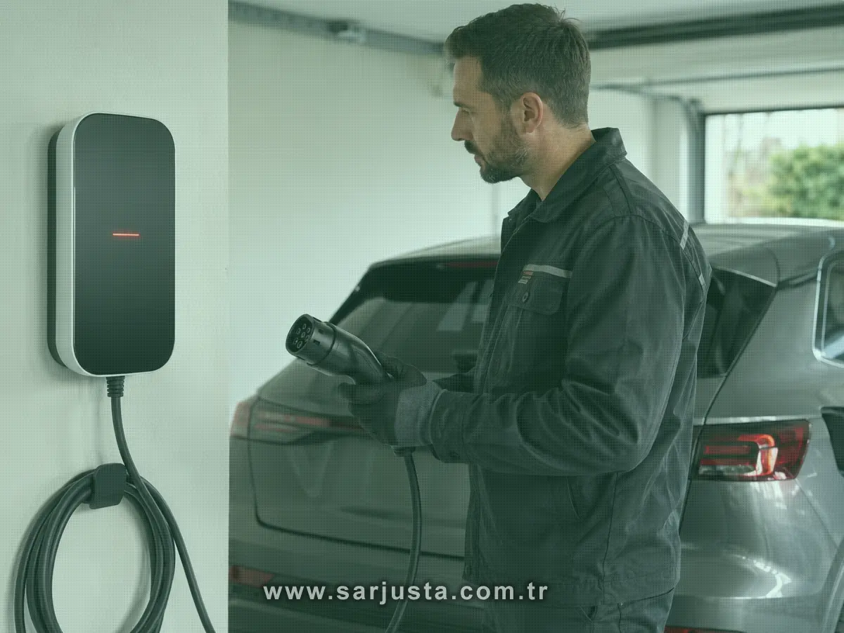 Kırmızı uyarı ışığı yanan elektrikli araç wallbox cihazı