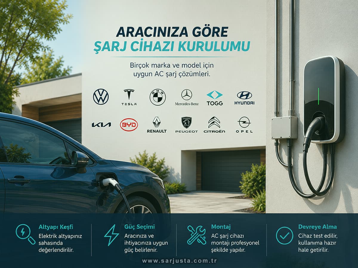 Farklı elektrikli araç marka ve modellerine göre AC şarj cihazı kurulumu