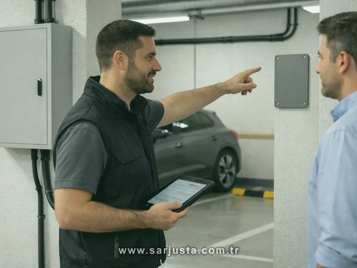 müşteriye doğru elektrikli araç şarj istasyonu seçimi hakkında bilgi veren kurulum uzmanı