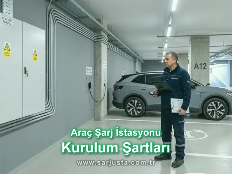 Elektrikli araç şarj istasyonu kurulum şartları için pano, kablo güzergâhı ve wallbox alanını inceleyen teknisyen