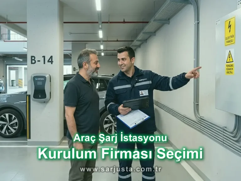 Elektrikli araç şarj istasyonu kurulumu için araç sahibiyle saha değerlendirmesi yapan teknik servis uzmanı